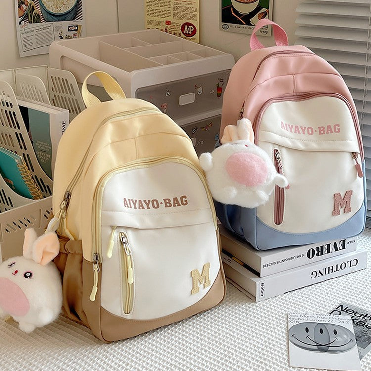 Cute Kids Backpack with Plush Rabbit Charm for School Travel and Spring Outings - Waterproof Oxford Fabric Design