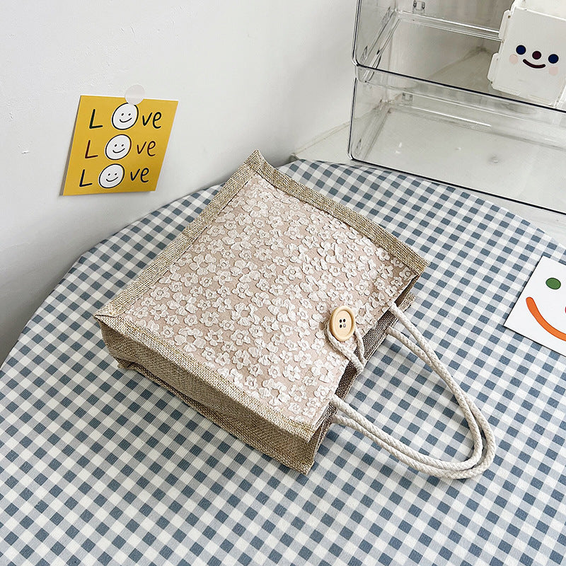 Floral Canvas Bag Handbag Bag Women's Western Style Simple Outing Hand Carry Lunch Bag