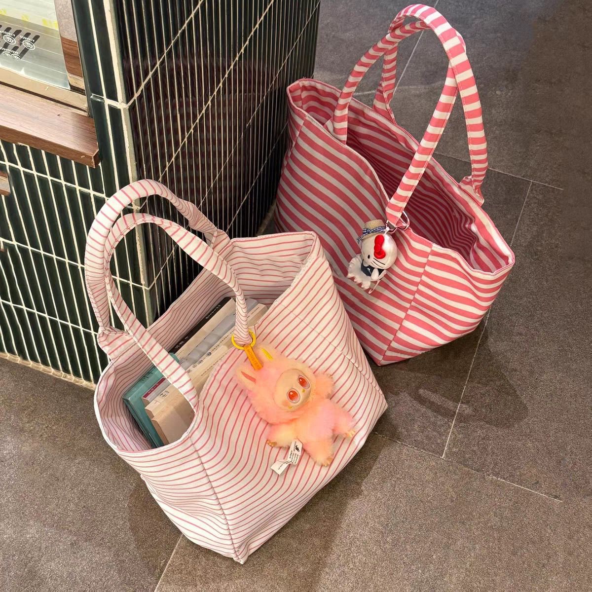 Korean Style Women's Striped Lazy Tote Bag Large Capacity Fashion Shopping Bag Everyday Joker Canvas Bag
