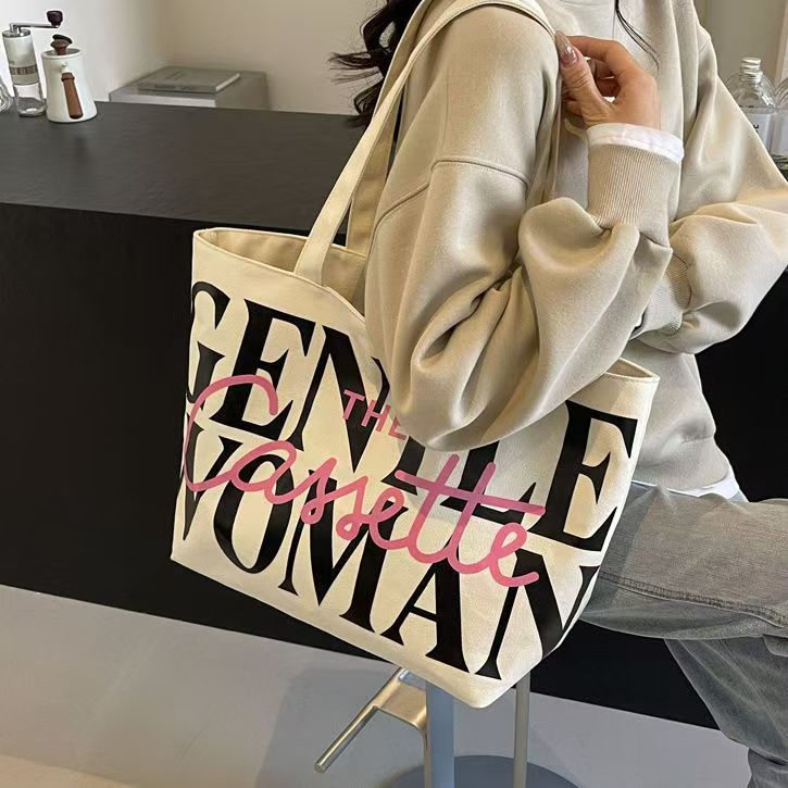 Large Capacity Letter Tote Bag for Women 2025 New Style Casual Canvas Shoulder Bag with Print Design Perfect for Daily Commute and School