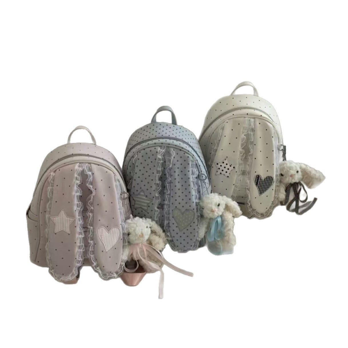 Korean Cute Backpack with Polka Dots and Lace Trim, Rabbit Ears Design, Large Capacity Daily School Bag for Women