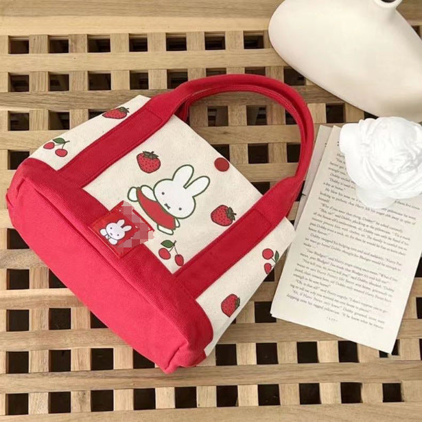 Cute Miffy Rabbit Canvas Lunch Bag with Fruit Prints, Perfect for Students and Travel