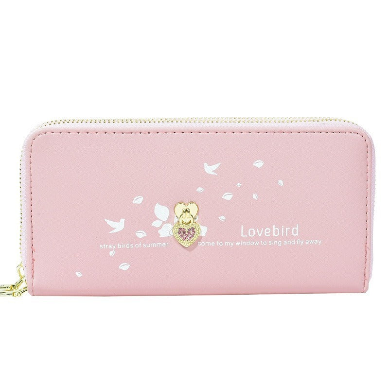 Cute Lovebird PU Wallet with Rhinestone Heart, Double Zipper, Wrist Strap & Card Slots for Women