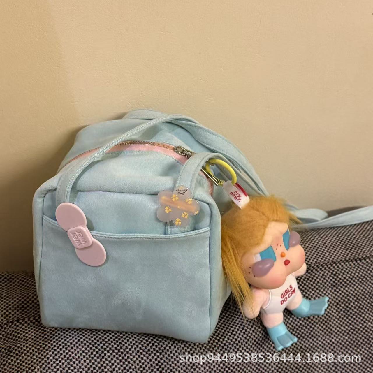 Chic Velvet Shoulder Bag with Cute Doll Charm for Daily Streetwear and Commuting