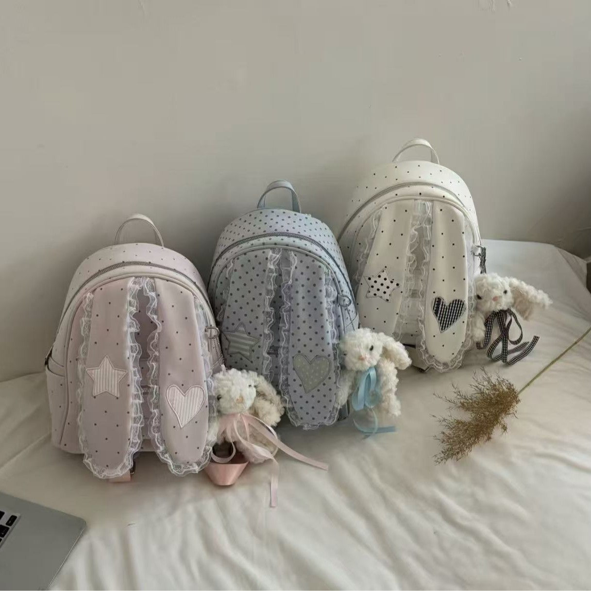 Korean Cute Backpack with Polka Dots and Lace Trim, Rabbit Ears Design, Large Capacity Daily School Bag for Women