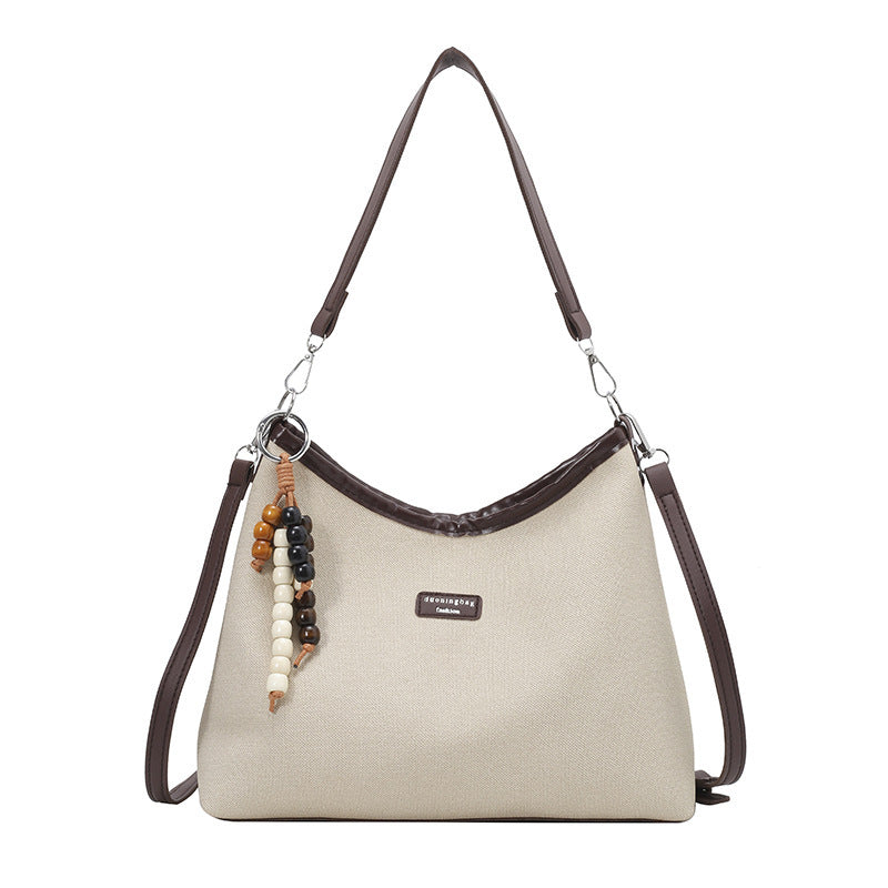 Chic Color-Blocking Canvas Shoulder Bag with Beaded Charm for Women, 2025 Summer Trendy Casual Tote