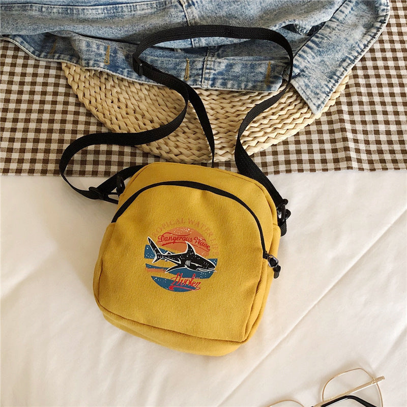 Korean Style Casual Crossbody Bag for Women with Shark Print, Soft Canvas Mini Square Bag with Zipper Closure, Perfect for Students and Daily Use