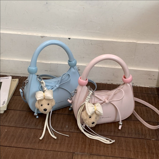 2026 New Korean Style Simple Crossbody Bag for Women, Cute Cartoon Pendant, Fashionable Dumpling Shape Handbag with Bow Detail