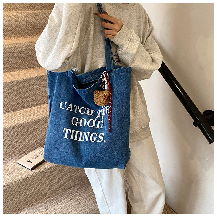 Korean Style Letter Ins Style Denim Bag Large Capacity Versatile Casual Shoulder Bag Trendy Personality Tote Bag
