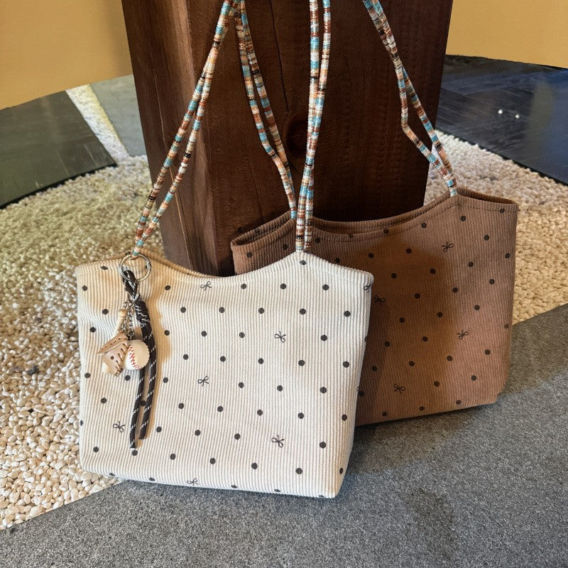 New Women's Tote Retro Corduroy Polka Dot Bow Fashion Shoulder Commuter Bag Everyday Joker