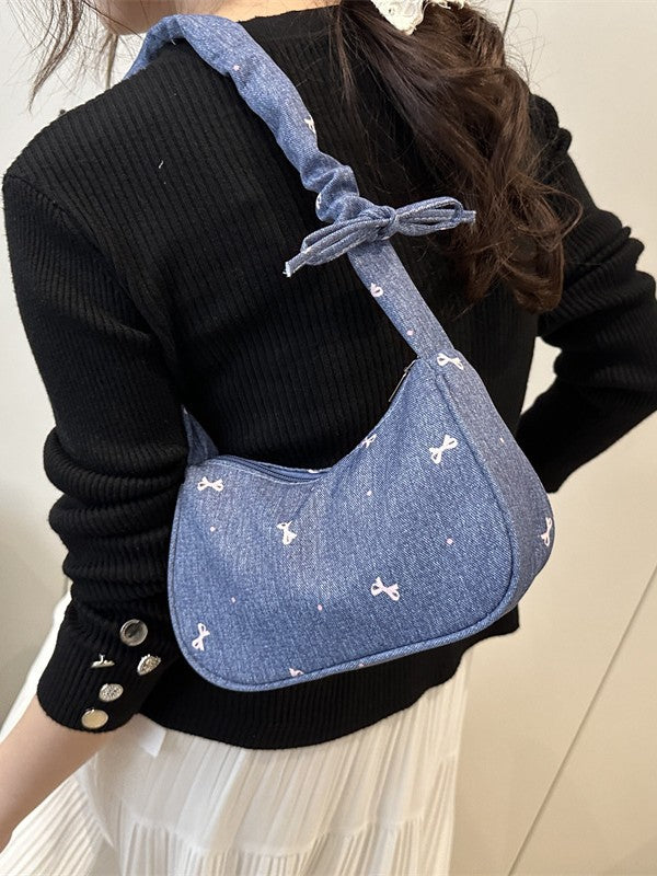 2025 New Denim Crossbody Bag for Women, Trendy Street Style with Bow Strap and Zipper Closure, Perfect for Daily Outfits