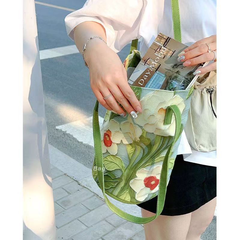 Oxford Cloth Three-Dimensional Bucket Bag Women's Summer Oil Painting Flower Versatile Large Capacity Shoulder Bag