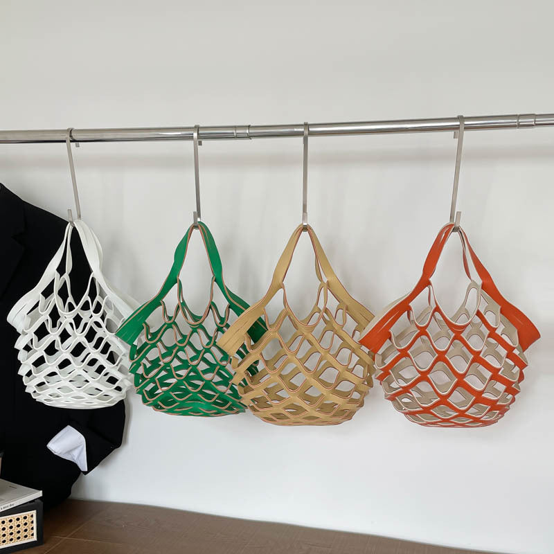 New Spring New Women's Net Bag Handmade Pu Folding Hand Bag Large Capacity Shoulder Bag