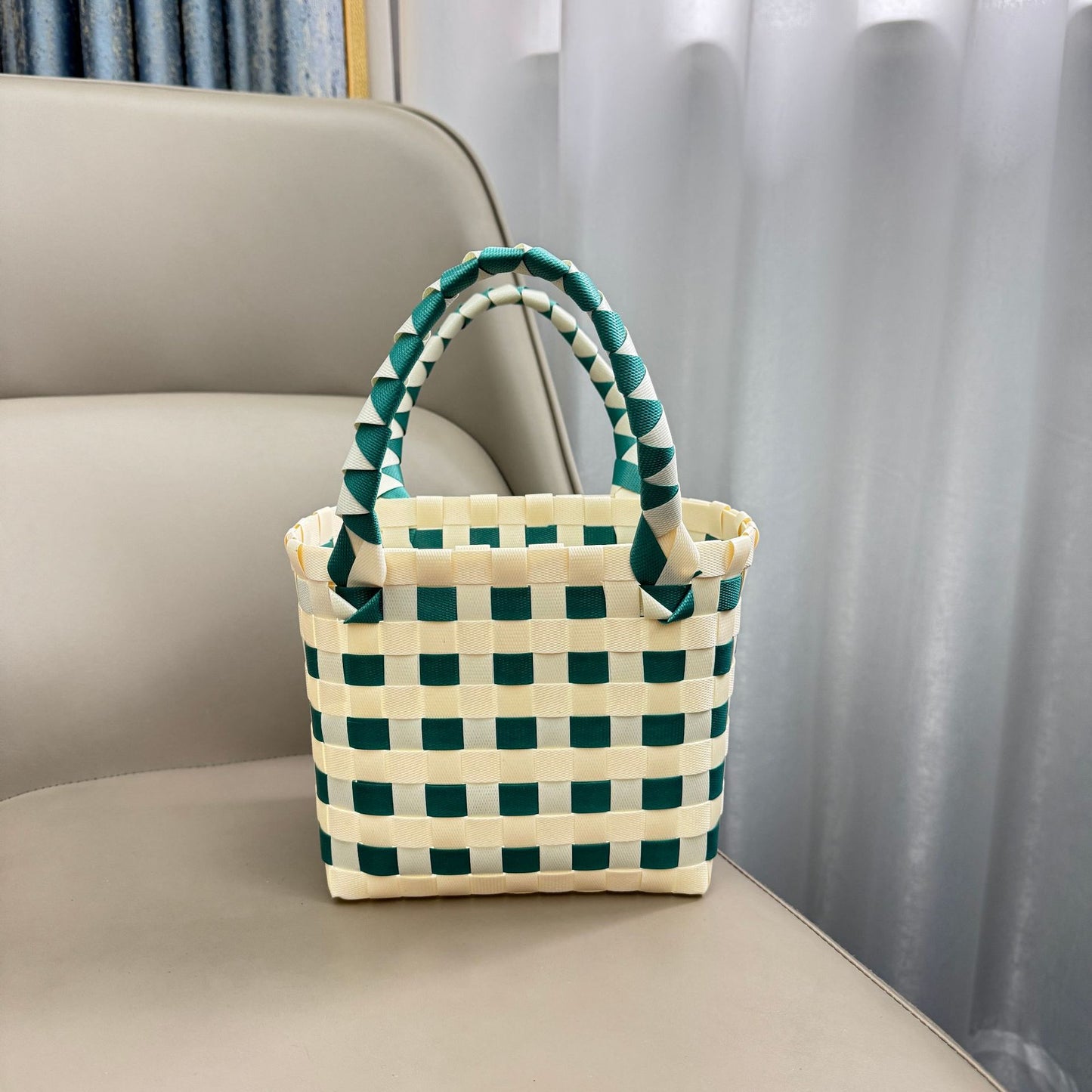 Handwoven Checkerboard Tote Bag for Women, Fashionable Beach & Daily Use, Soft PVC Material with Open Top and Inner Pockets