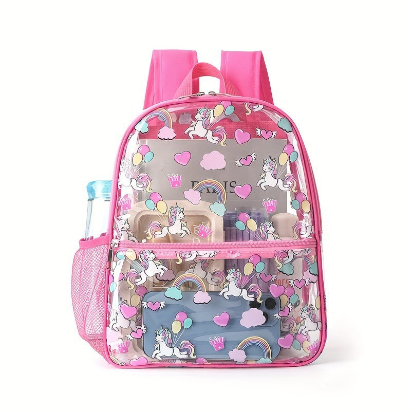Cute Cartoon Printed Transparent Backpack for Kids, Waterproof PVC School Bag with Dual Compartment and Unicorn Design
