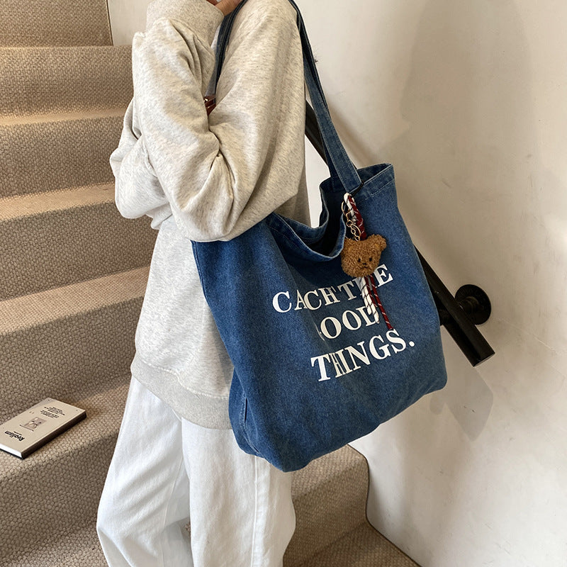 Stylish Denim Tote Bag with Inspirational Quote - Large Capacity Shoulder Bag for Daily Use and Shopping