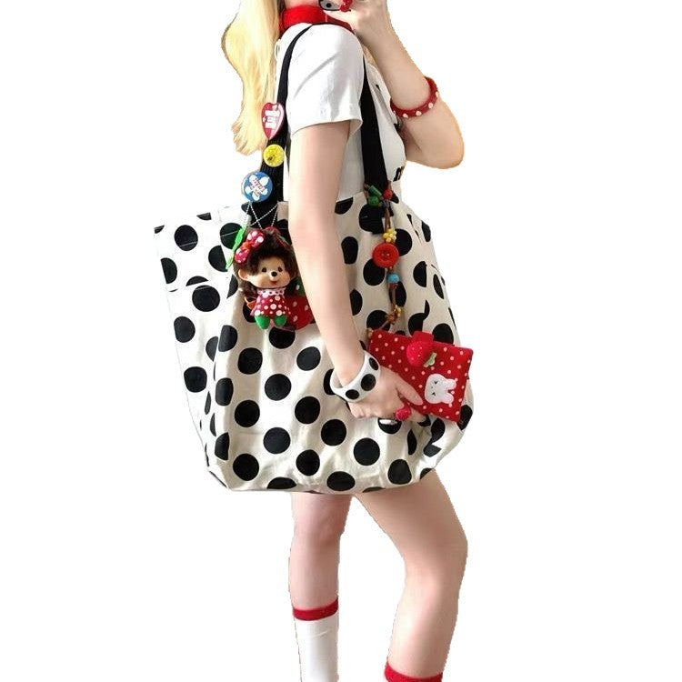 Shoulder Bag Female Korean Simple Polka Dot Idle Style Student Class Commuting Large Capacity Totes Double-Sided Canvas Bag