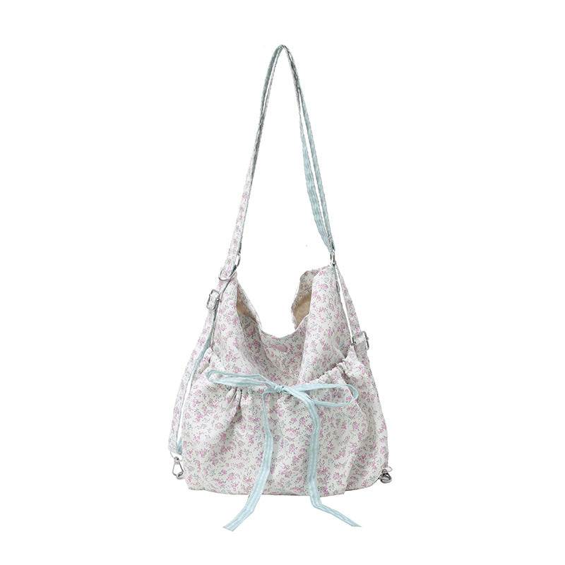 Women's Floral Nylon Backpack Student Party Korean Style Idle Style Cute Large Capacity Shoulder Messenger Bag Drawstring Design