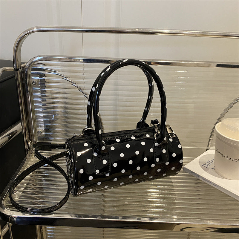 2025 Spring New Fashion Polka Dot Cylinder Handbag Women's Casual Crossbody Bag with Zipper Closure and Stylish Handle