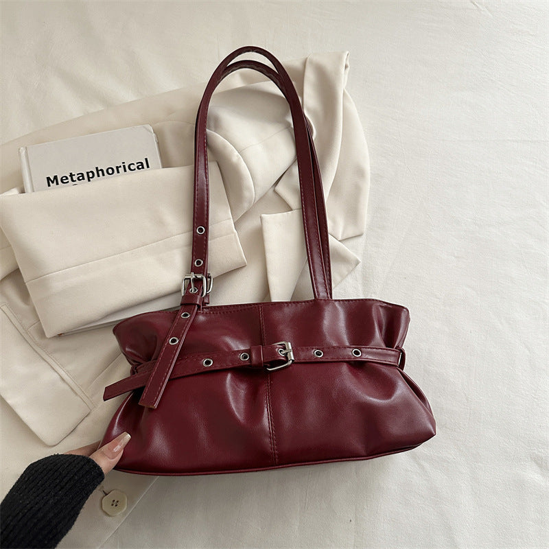 Retro Chic Women's Large Capacity Tote Bag with Belt Buckle Design for Daily Commute and Casual Style