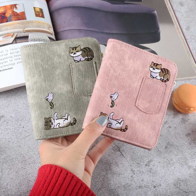 Cute Embroidered Cat Design Wallet for Women, Stylish Denim Look with Zipper Closure and Multiple Pockets
