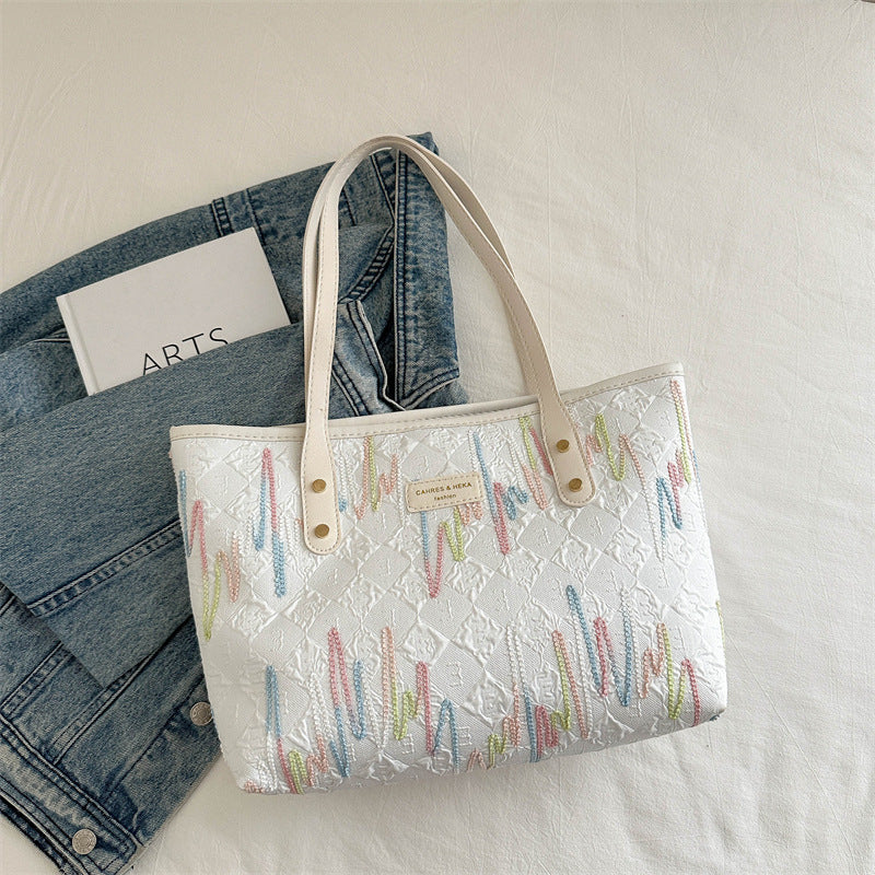 Leisure Commute Large Capacity Bag Women's New Fashion Shoulder Striped Embroidered Tote Bag