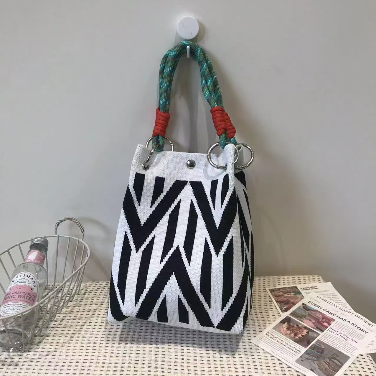 Black and White Rhombus Knitted Tote Bag Women's Casual Versatile Large Capacity Messenger Bag Handbag