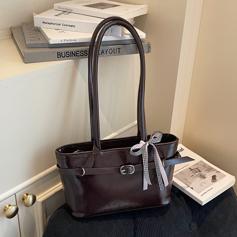 2025 Autumn New Korean Style Elegant Tote Bag with Checkered Bow, Simple Casual Shoulder Bag for Daily Commute