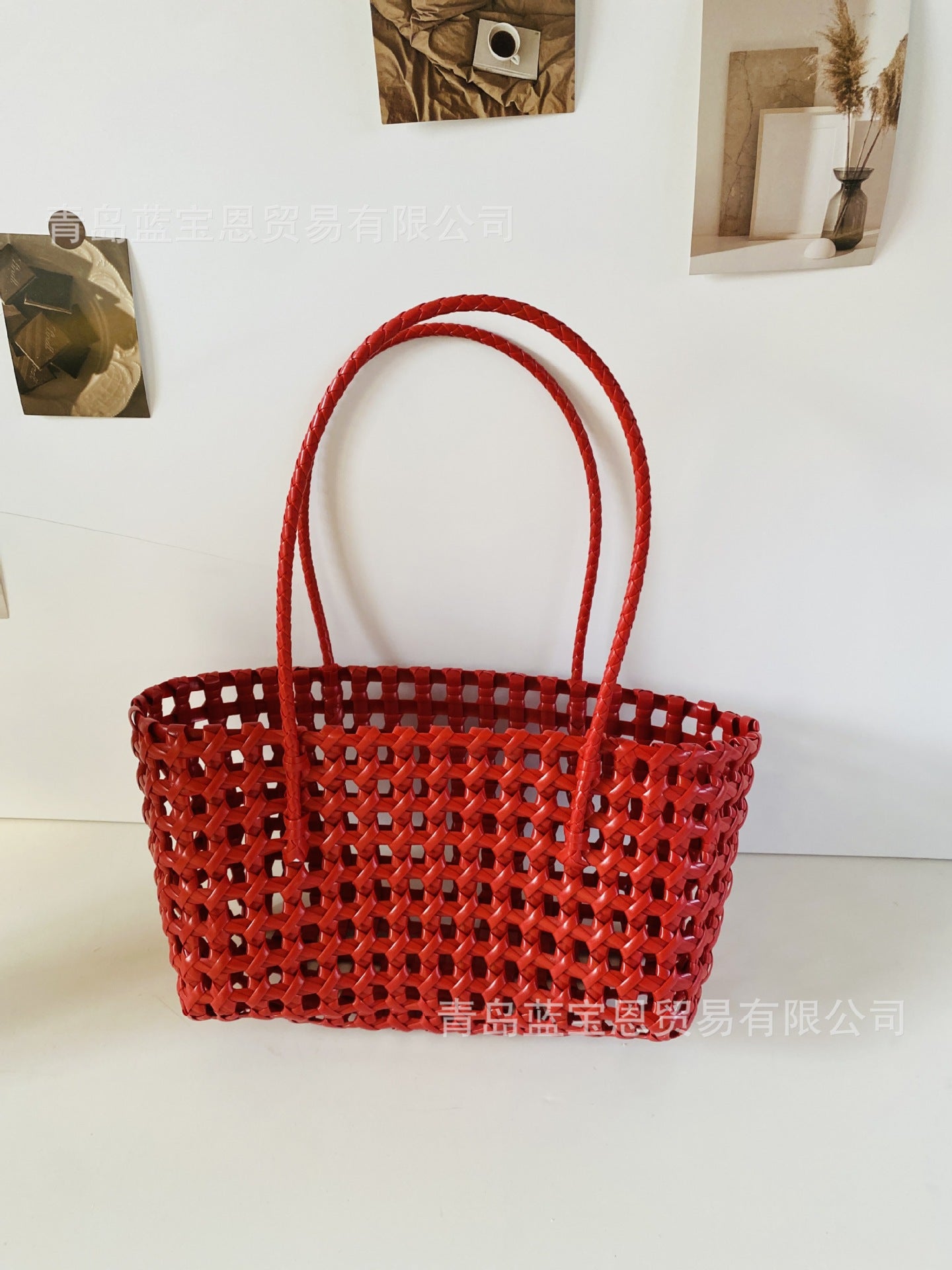 Handbag Weaving Hollow Vegetable Basket Bag PVC Commuter Tote Straw Bag