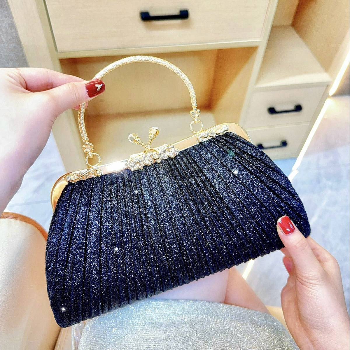 Elegant Pleated Clutch Bag with Rhinestone Closure and Gold Handle for Evening Events