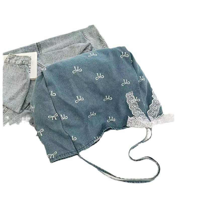 Cute Bow Embroidered Denim Tote Bag for Women, Large Capacity Casual Shoulder Bag with Lace Trim and Inner Pocket