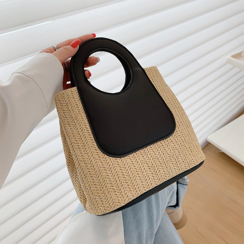 2024 Summer Retro Color-Blocking Woven Tote Bag, Large Capacity Handcrafted Straw Bag, Simple Fashion Shoulder Handbag with Circular Handle