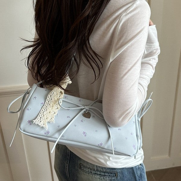 Cute Floral Print Tote Bag with Bow Detail for Women, Fashionable Shoulder Bag with Elegant Design and Soft PU Material