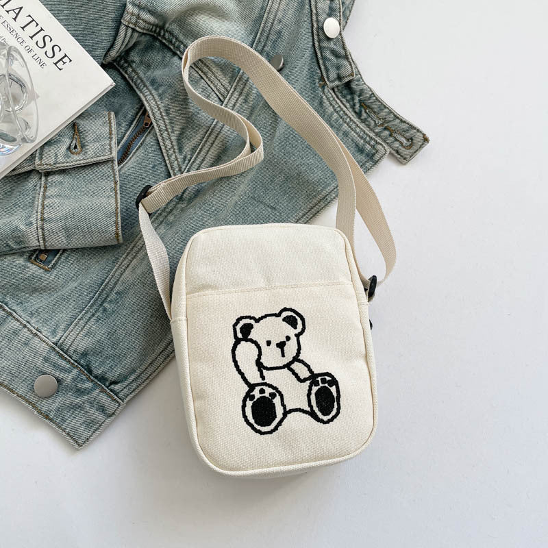 Cute Bear Embroidery Canvas Bag Women's New Shoulder Messenger Bag Versatile Student Phone Bag
