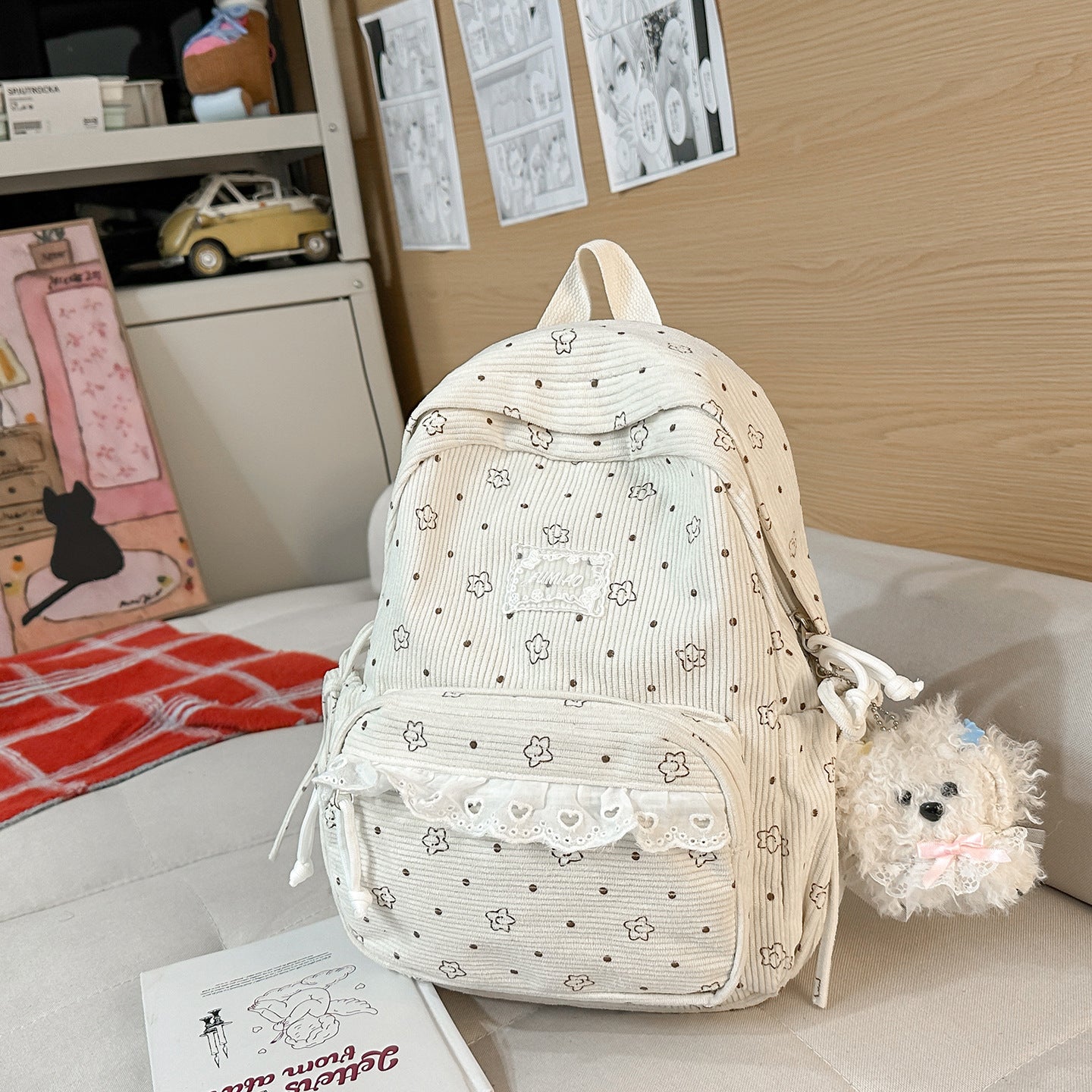 Artistic Fresh Student Backpack Soft Corduroy Material Lace Large Capacity Breathable Design