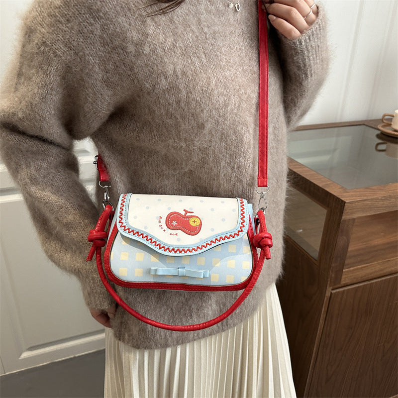 Cute Apple Design Patchwork Shoulder Bag with Ruffle Trim for Women, Fashionable Crossbody Bag with Bow Detail and Soft PU Material