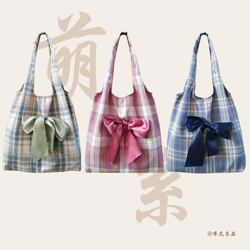 Cute Plaid Tote Bag with Satin Bow for Women, Large Capacity Shoulder Bag, Fresh and Sweet Style