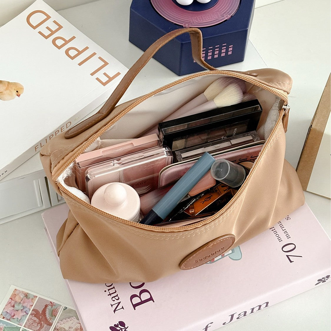 Elegant Nylon Cosmetic Bag with Leather Accent Handle, Lightweight & Portable for Daily Use