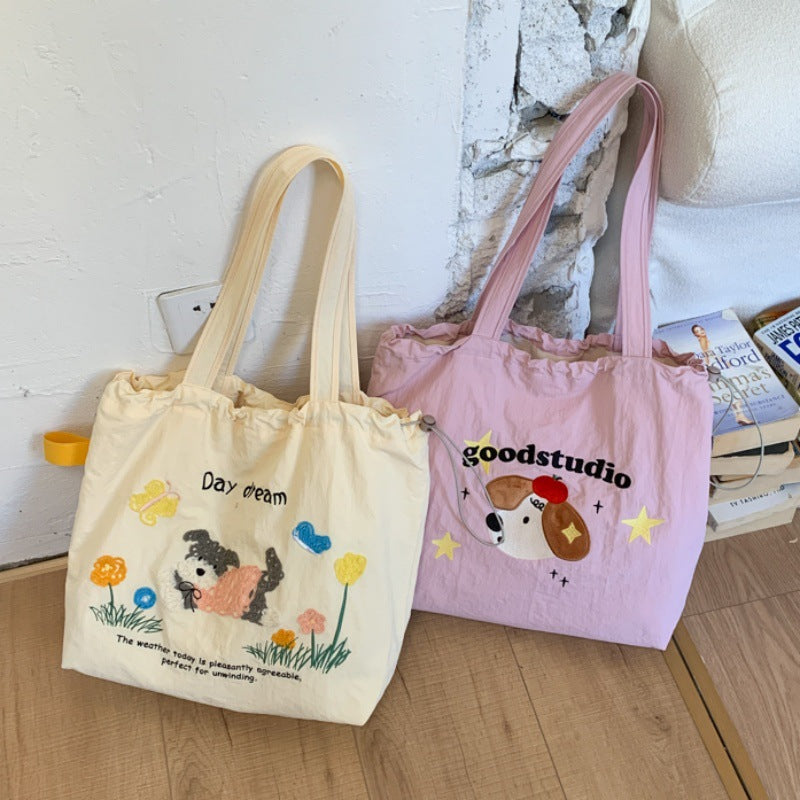 Cute Embroidered Puppy Tote Bag for Women, Large Capacity Shoulder Bag with Drawstring Closure, Perfect for Daily Commute and School