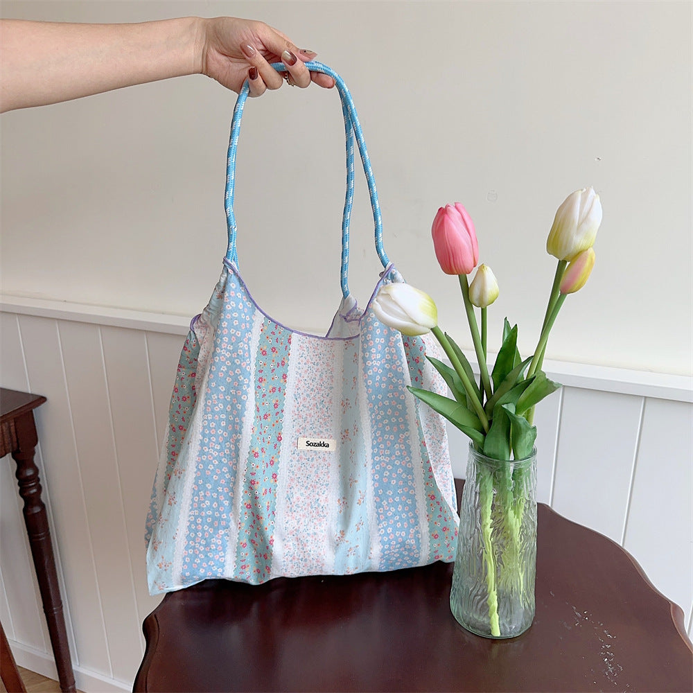 Korean Style Summer Large Capacity Hand Shoulder Bag Drawstring Shopping Bag Fresh Floral Tote Bag Underarm Bag