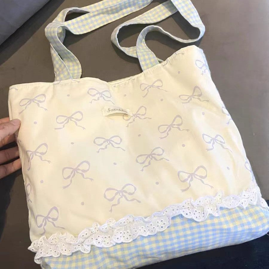 2025 New Elegant Bowknot Lace Tote Bag for Women, Casual Summer Fashion with Charming Details and Practical Inner Pockets