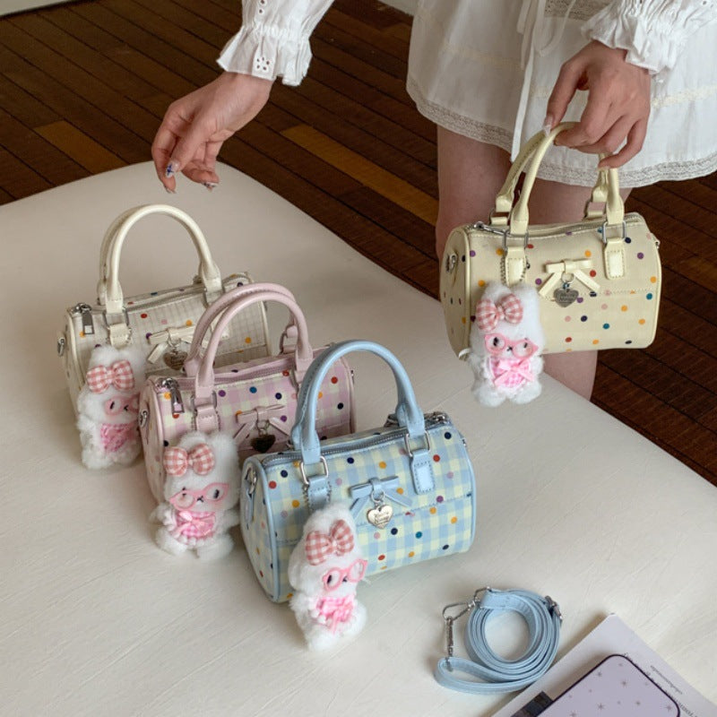 Cute Korean Summer Handbag with Polka Dot Bowknot Design, Soft Cylinder Shape Tote for Daily Use