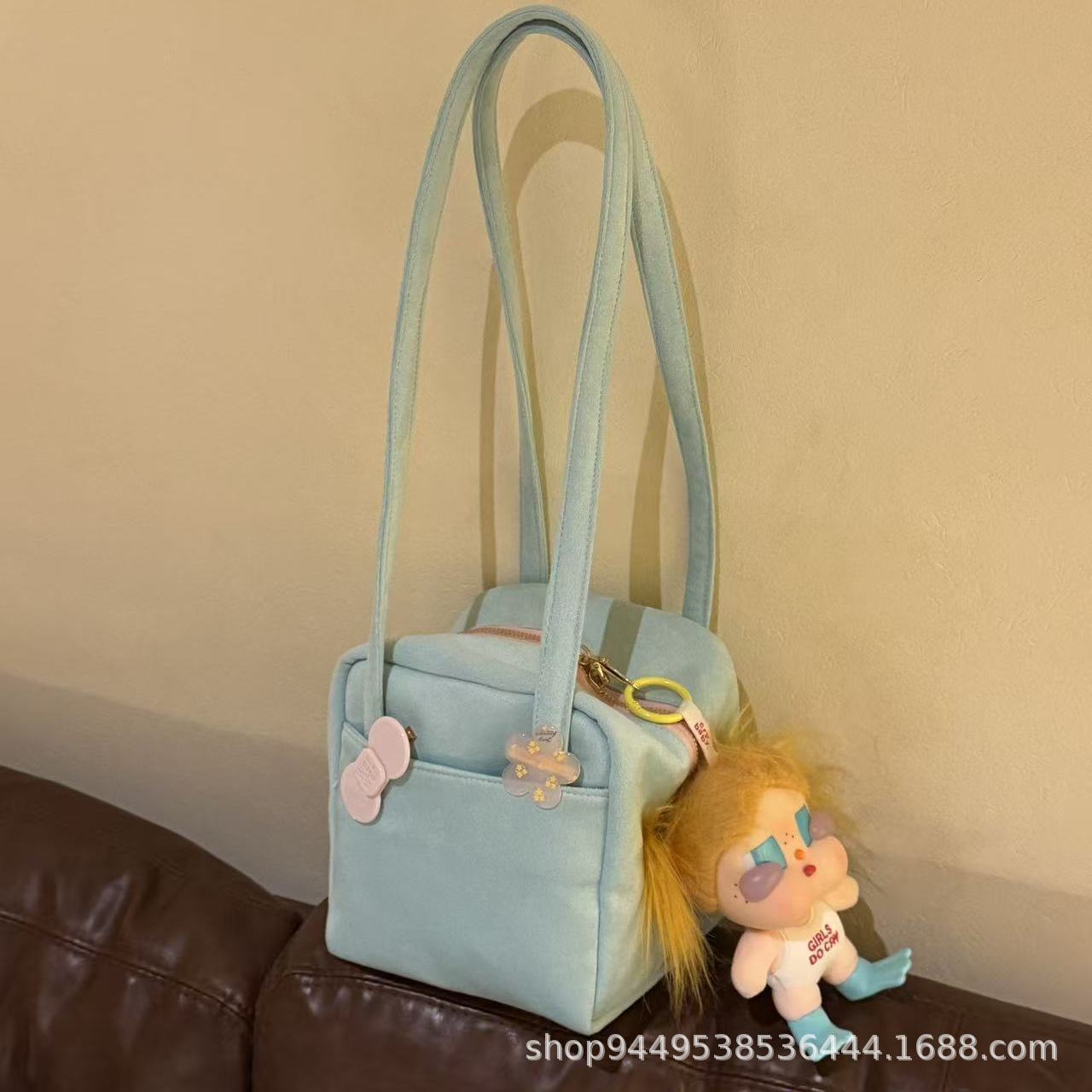 Chic Velvet Shoulder Bag with Cute Doll Charm for Daily Streetwear and Commuting