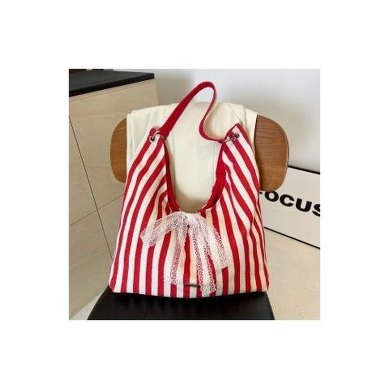 2025 New Fashion Striped Tote Bag for Women, Large Capacity Canvas Shoulder Bag with Lace Detail, Perfect for Daily Use and University