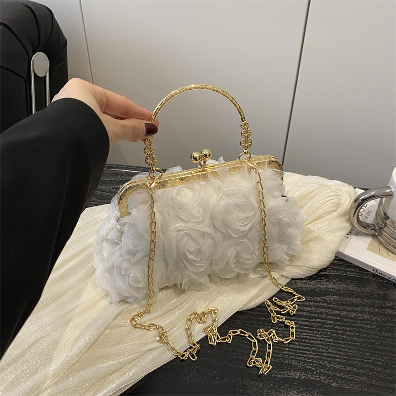 Chiffon Three-Dimensional Flower Dinner Bag Champagne Women's Handmade Dress Garment Bag Chain Decoration Handbag
