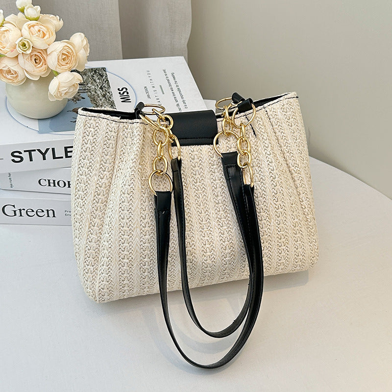 Spring New Women's Classic Style Straw Shoulder Bag Wide Shoulder Strap Large Capacity Commuter's All-Matching Fashion Design Daily Essential