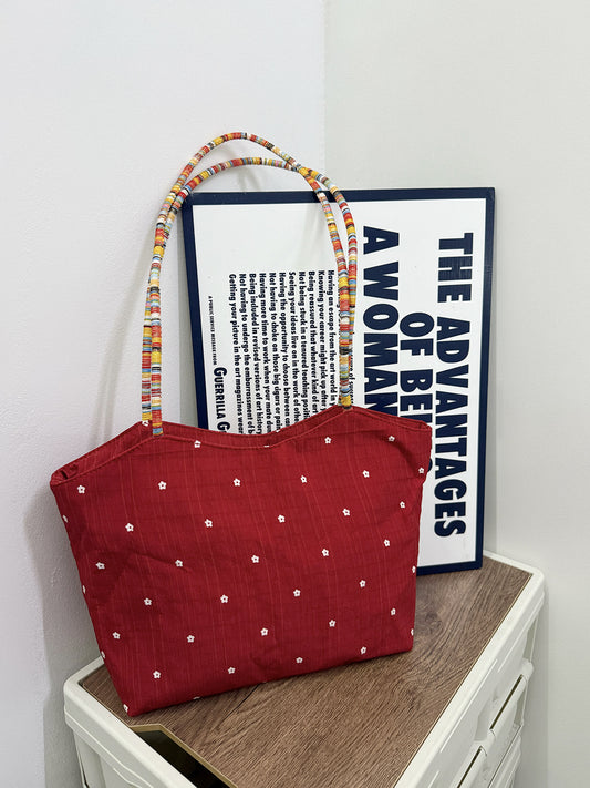 Korean-style red floral canvas bag, women¡¯s new contrast color weave commuter tote shoulder bag