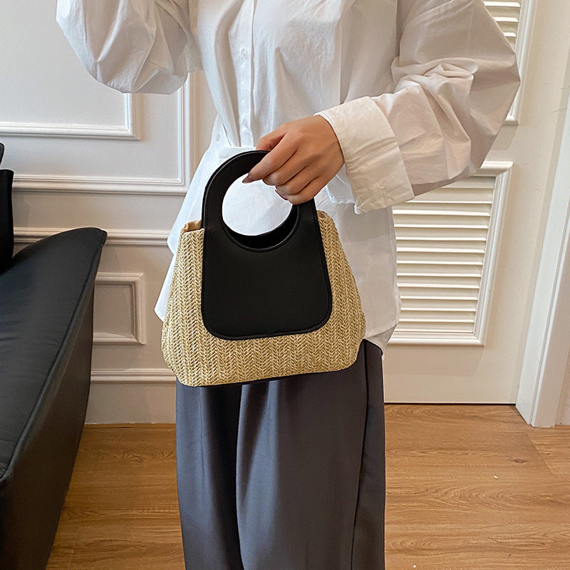 Summer Retro Color Contrast Patchwork Straw Bag Large Capacity Hand-Woven Bag Simple Fashion Shoulder Handbag