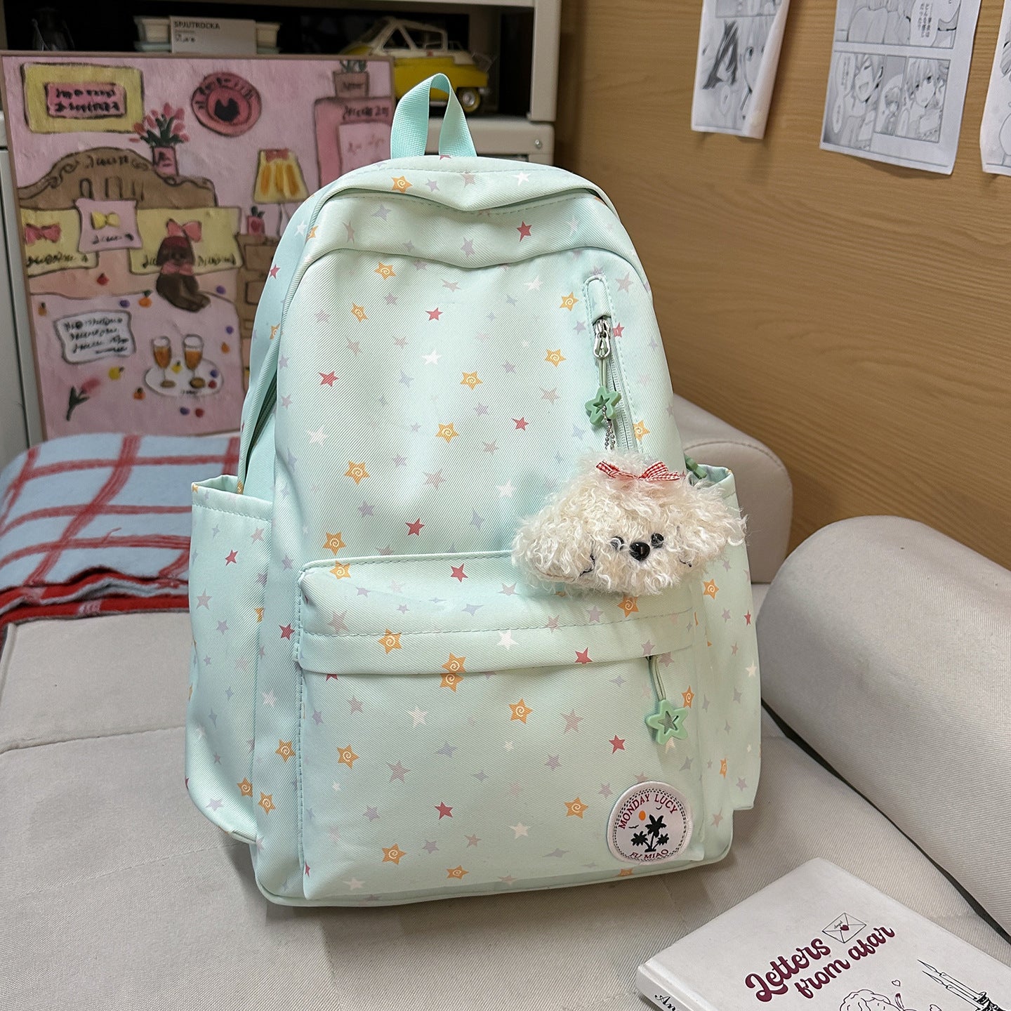 Cute Pastel Star Print Backpack for Girls, Soft Nylon School Bag with Front Pocket and Charm Design, Perfect for Elementary Students