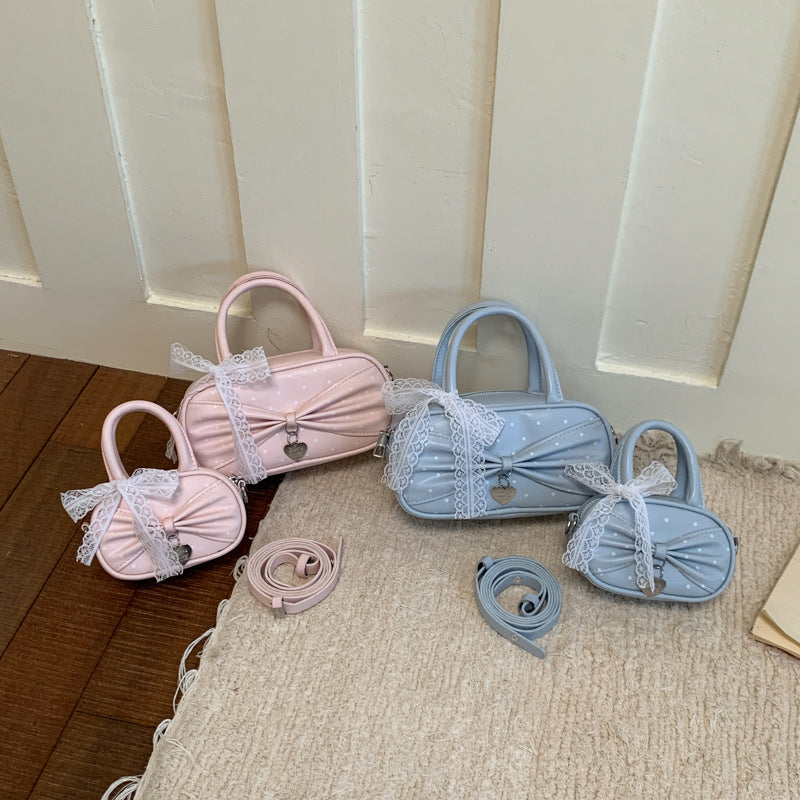Cute Polka Dot Bowknot Boston Bag for Women, Mini Crossbody Handbag with Lace Detail and Zipper Closure, Perfect for Summer Daily Outfits